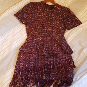 Tweed hi-lo peplum top/matching mini tweed skirt